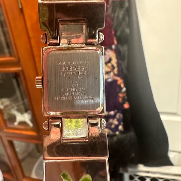 Lucite Watch Vintage Square Silver Watch with Green Floral Band - Picture 6 of 6